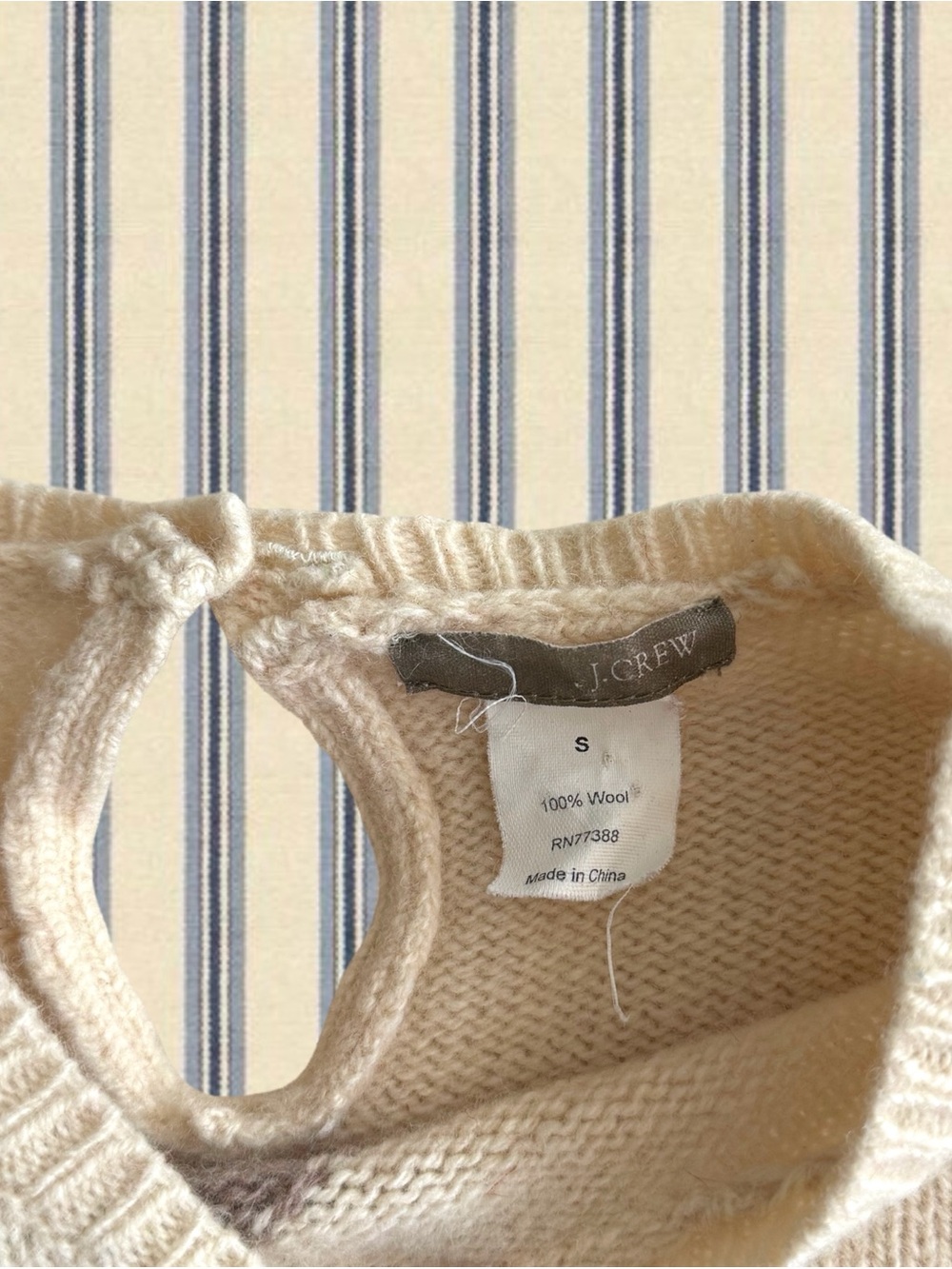 J. Crew Cream Crewneck Sweater with Red, Maroon, Yellow & Brown Stripes - Picture 6 of 7